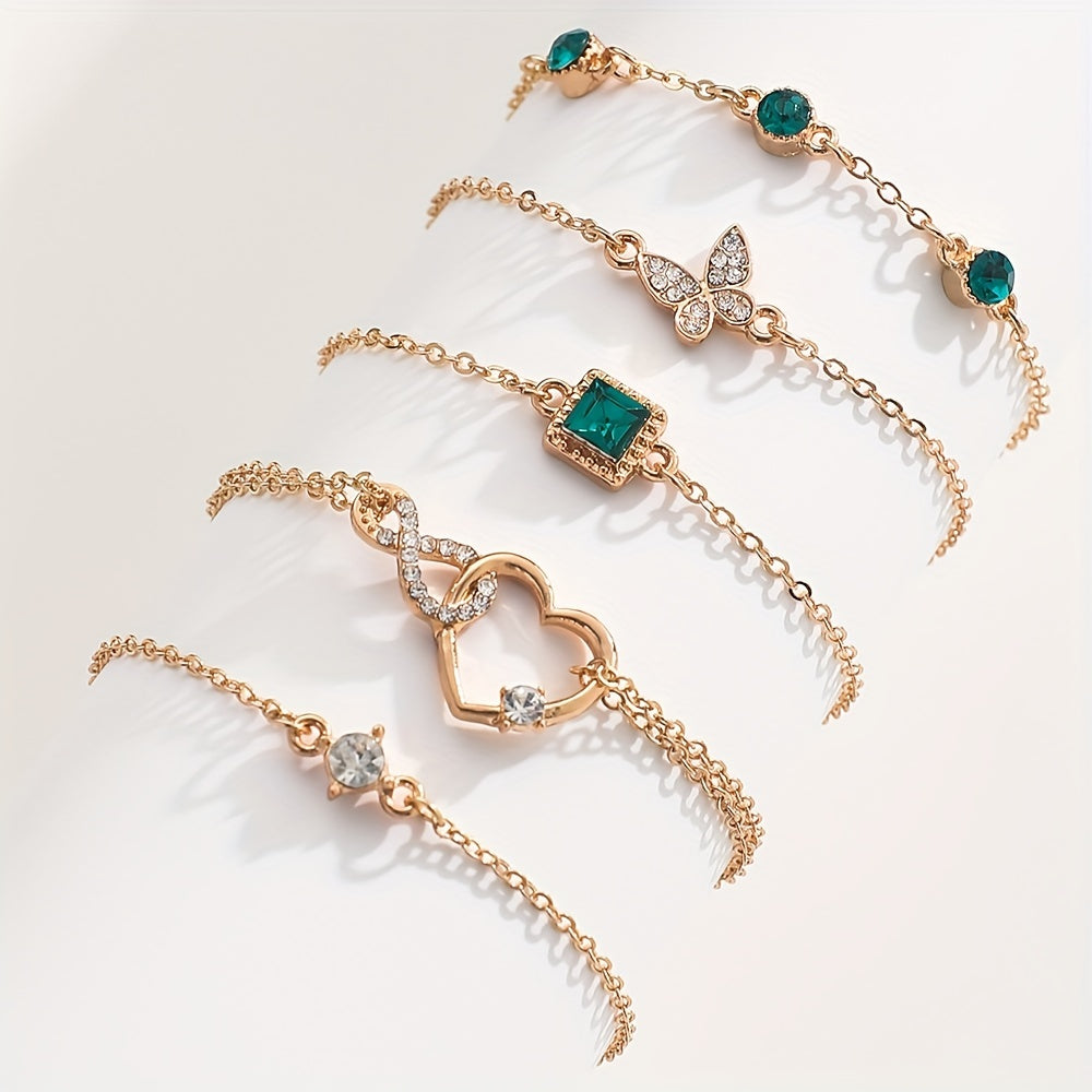 Environmental Protection Retro Elegant Fashion Bracelet Set Love Full Throw Diamond Shining Infinite Symbol Geometry Green Rhinestone Bracelet Set 5pcs