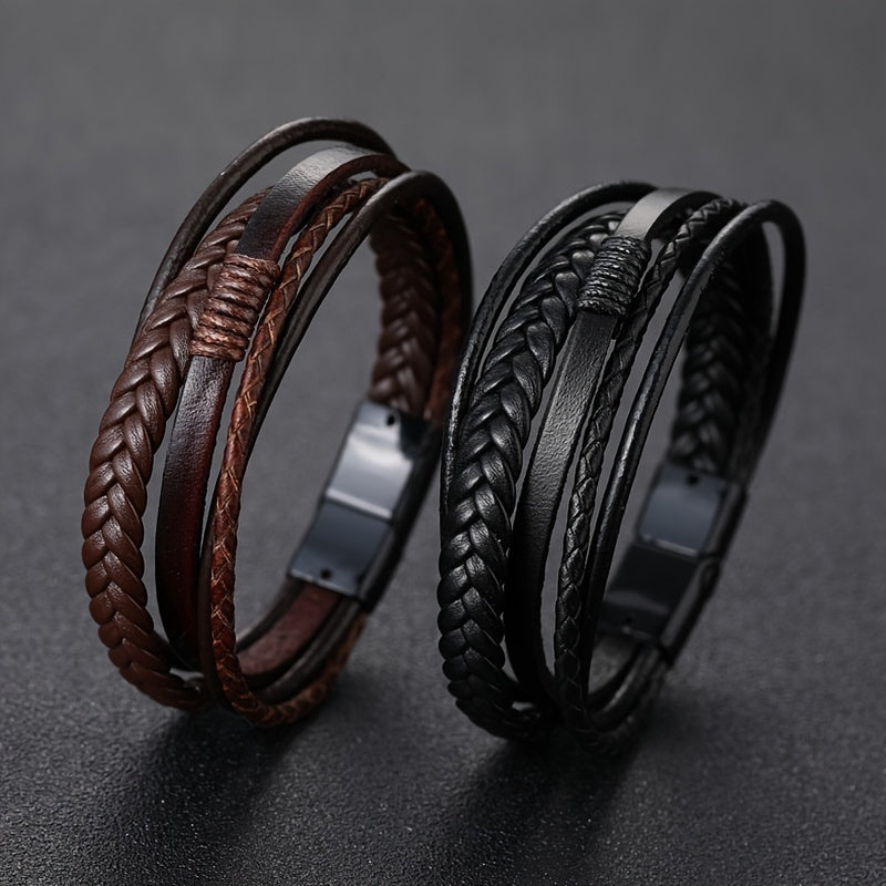 [Stylish Leather Bracelet] Stylish Durable 1pc Men's Hand-Woven Multi-Layer Leather Bracelet | with Buckle Closure, Versatile Accessory for Casual or Formal Wear