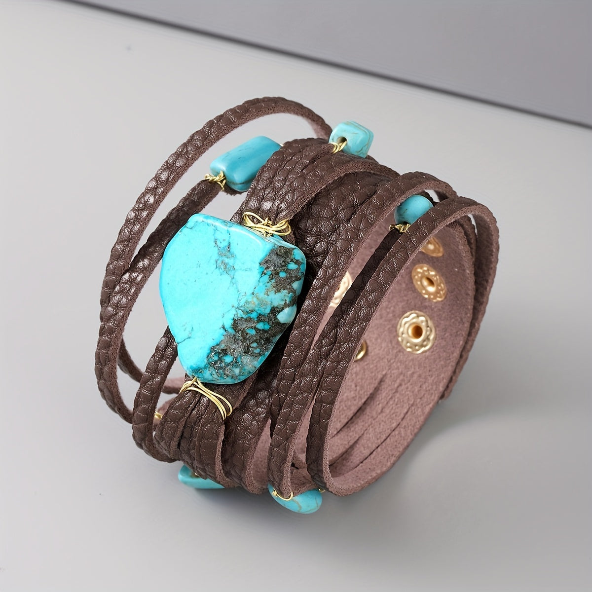 1pc Men's Trendy PU Leather Irregular Turquoise Multi-layer Boho Bracelet, Jewelry Gift For Men, Gift For Boyfriends/ Girlfriends