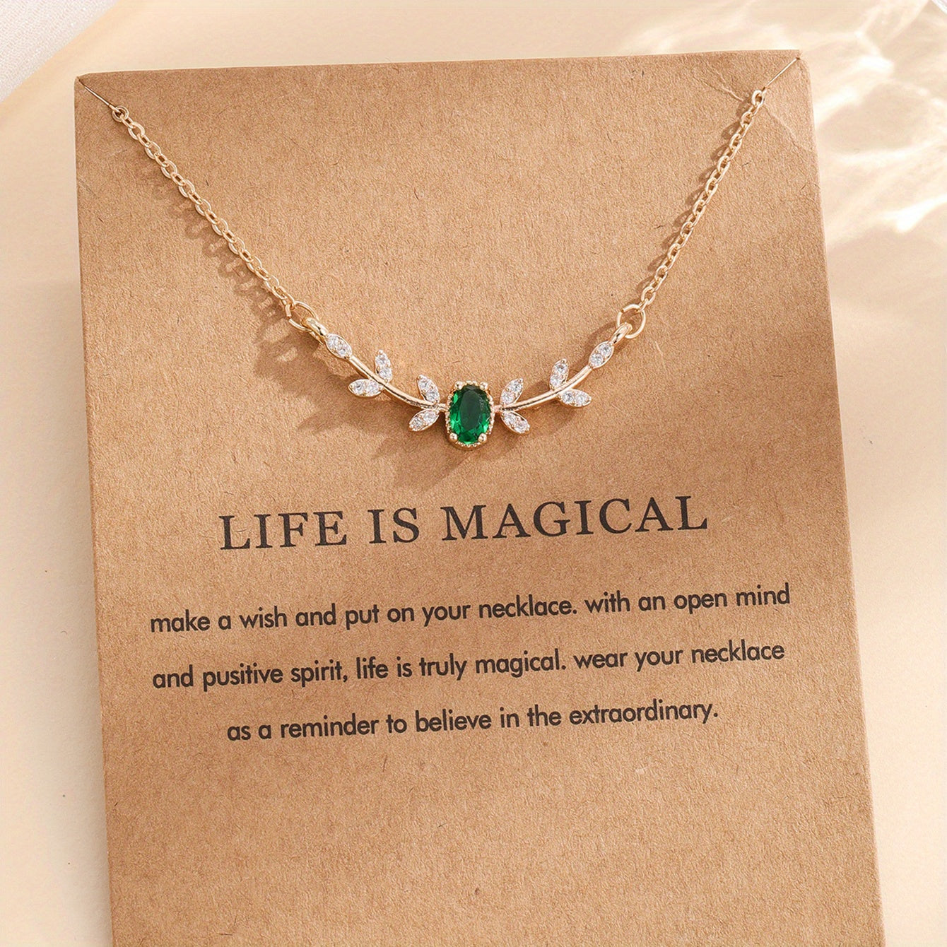 [Copper Leaf Necklace] Golden-Tone Copper Leaf & Branch Necklace with Cubic Zirconia | Elegant Design, Green Gemstone, Ideal Birthday Gift, Daily Wear Jewelry for Women