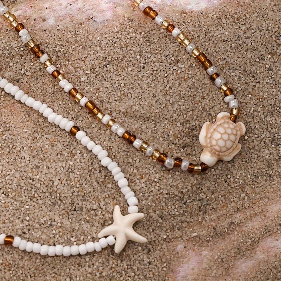 2pcs Starfish & Shell Pendant Necklaces for Girls - Ocean-Inspired Beaded Clavicle Chains, Perfect Beach Accessory