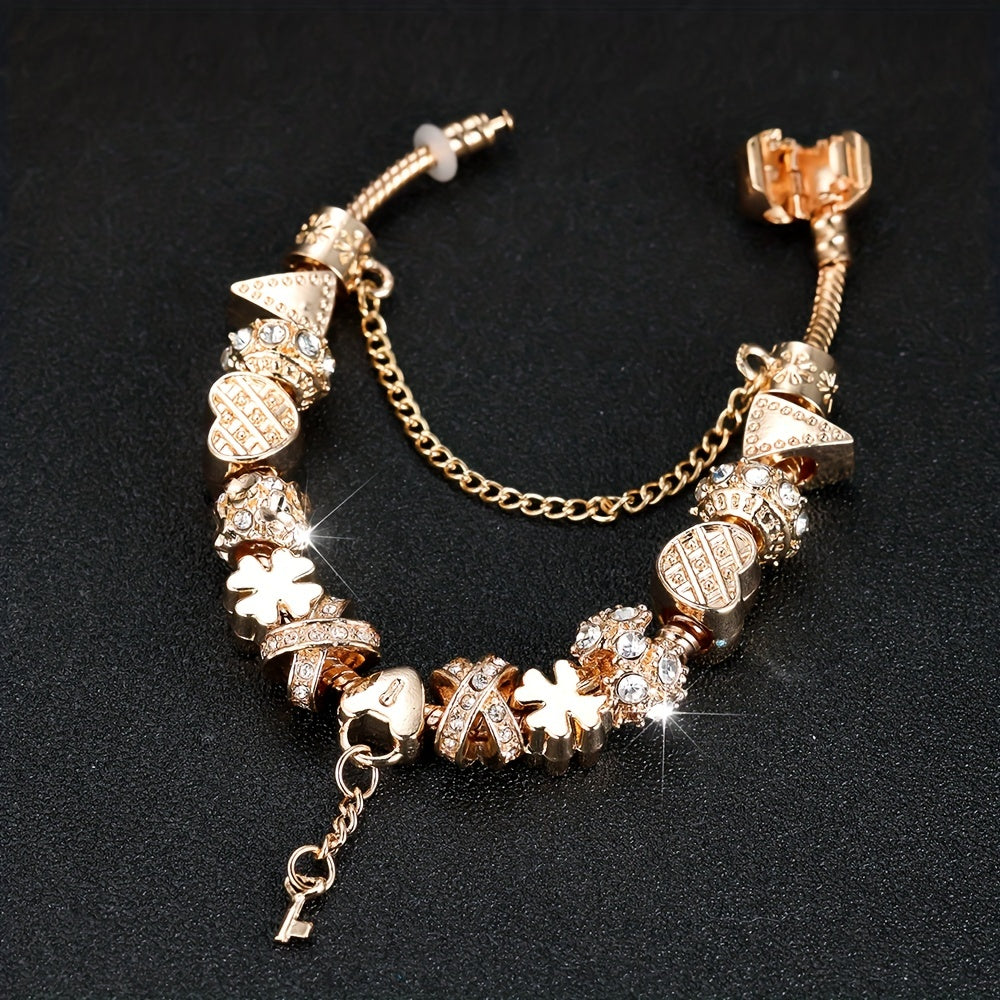 Gorgeous Golden Snowflower Bead Bracelet with Heart-Shaped Key Pendant - Perfect Valentine's Gift for Someone Special!
