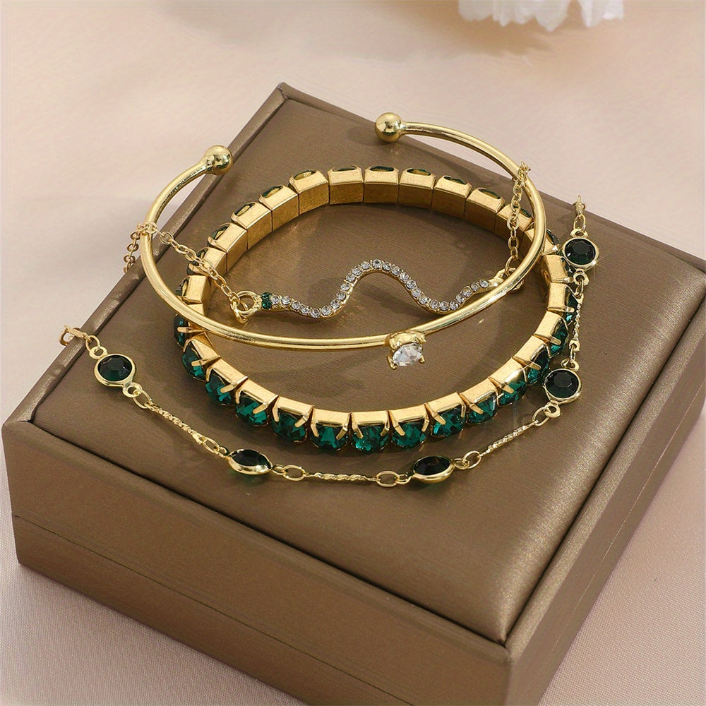 4pcs/set Elegant Green Rhinestone Snake Bracelet - Elastic Claw Chain Cuff Bangle