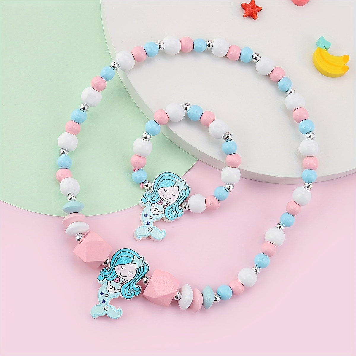2pcs Creative Cute Cartoon Unicorn Mermaid Colorful Beaded Bracelet Necklace Set Decorative Accessories Holiday Birthday Gift For Girls