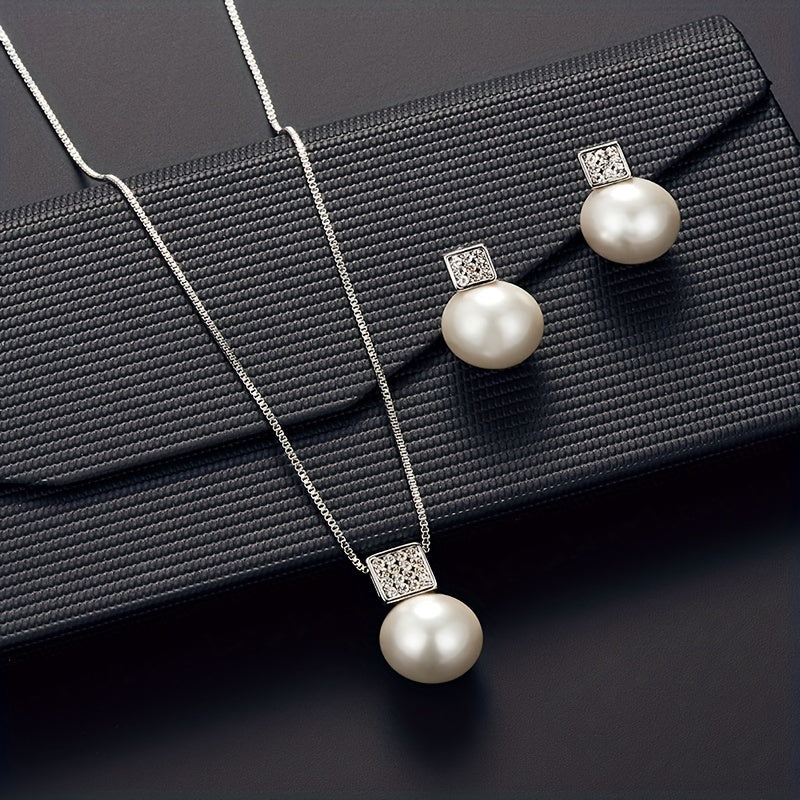 Fashionable Women'S Imitation Pearl Necklace And Earring Jewelry Set, Featuring a Simple Square Rhinestone Pendant And Stud Earrings, Perfect As a Two-Piece Accessory Gift for Birthdays, Parties, Celebrations, And Holidays, I