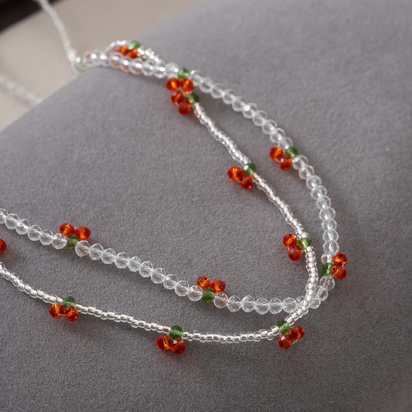 2pcs/set Handmade Rice Bead Beaded Necklaces With Crystal Cherry Decor, Sweet Ladies Holiday Party Jewelry