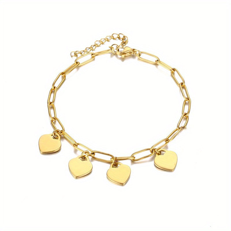 Customized Stainless Steel Square Chain Bracelet With Personalized Name Engraving, Featuring 1-5 Names And A Heart-shaped Golden Pendant, A Stylish Gift For Women's Jewelry.