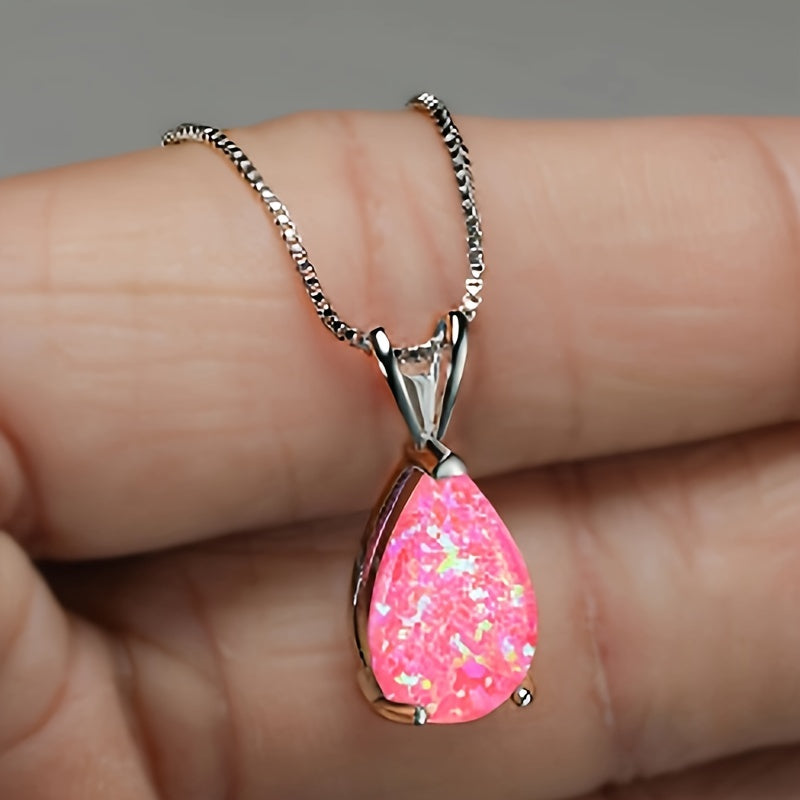 Mystic Blue Green Purple Fire Opal Necklace Water Drop Stone Pendant Clavicle Necklaces For Women Silvery Wedding Banquet Party Light Luxury Elegant Women's Jewelry