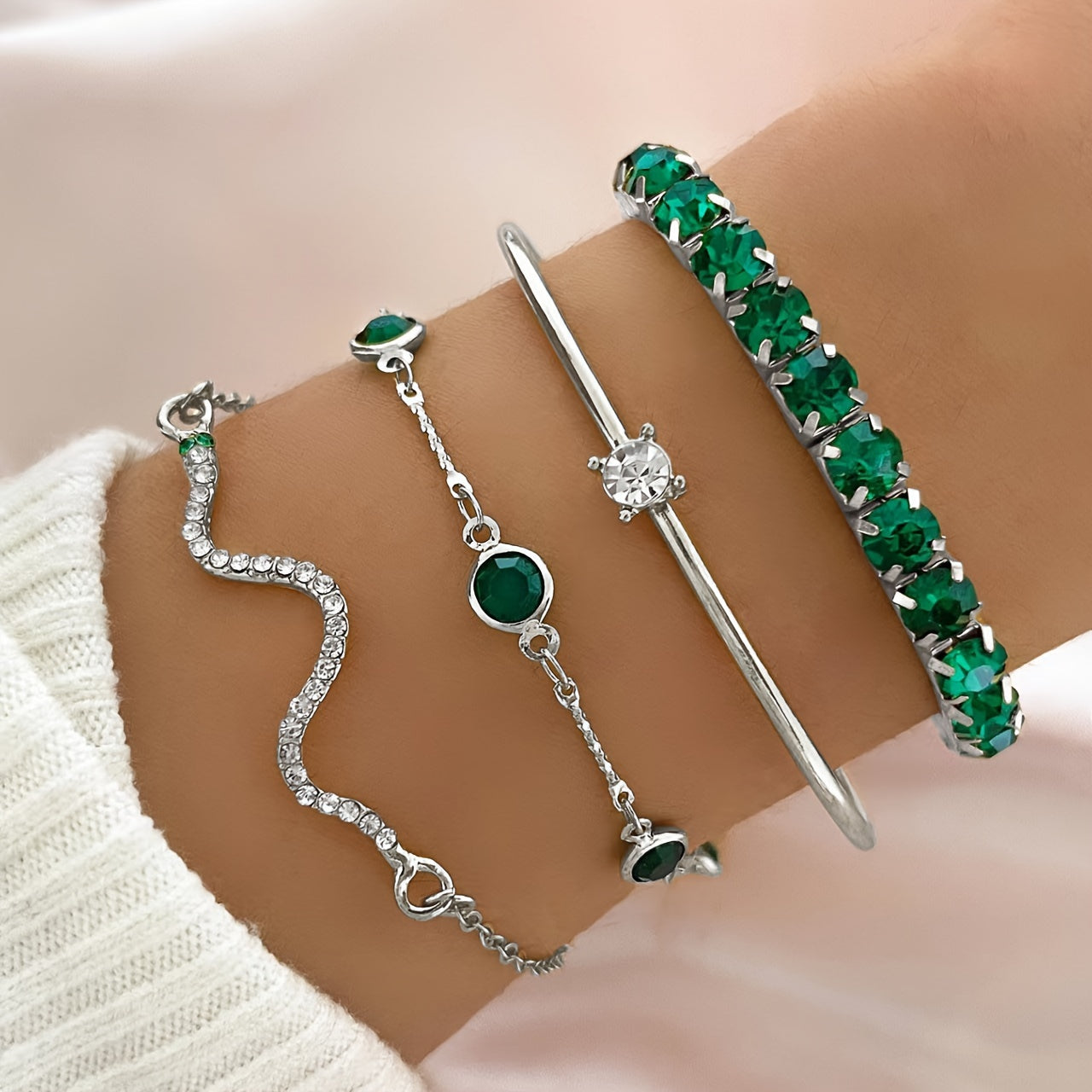 4pcs/set Elegant Green Rhinestone Snake Bracelet - Elastic Claw Chain Cuff Bangle