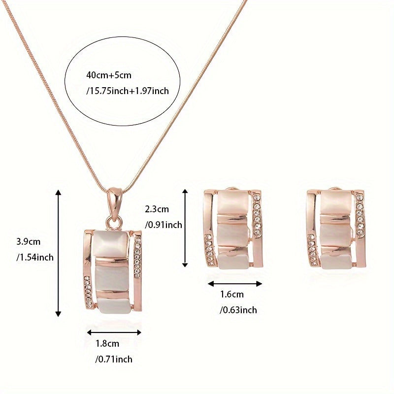 Ladies' Exquisite Rectangular Opal Necklace & Earrings Jewelry Set - Sparkling Rhinestone Imitation Gemstone Pendant, Stud Earrings, Dazzling Birthday Party Accessory, Ideal Gift for Her