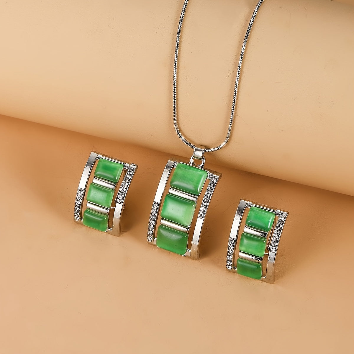 Ladies' Exquisite Rectangular Opal Necklace & Earrings Jewelry Set - Sparkling Rhinestone Imitation Gemstone Pendant, Stud Earrings, Dazzling Birthday Party Accessory, Ideal Gift for Her