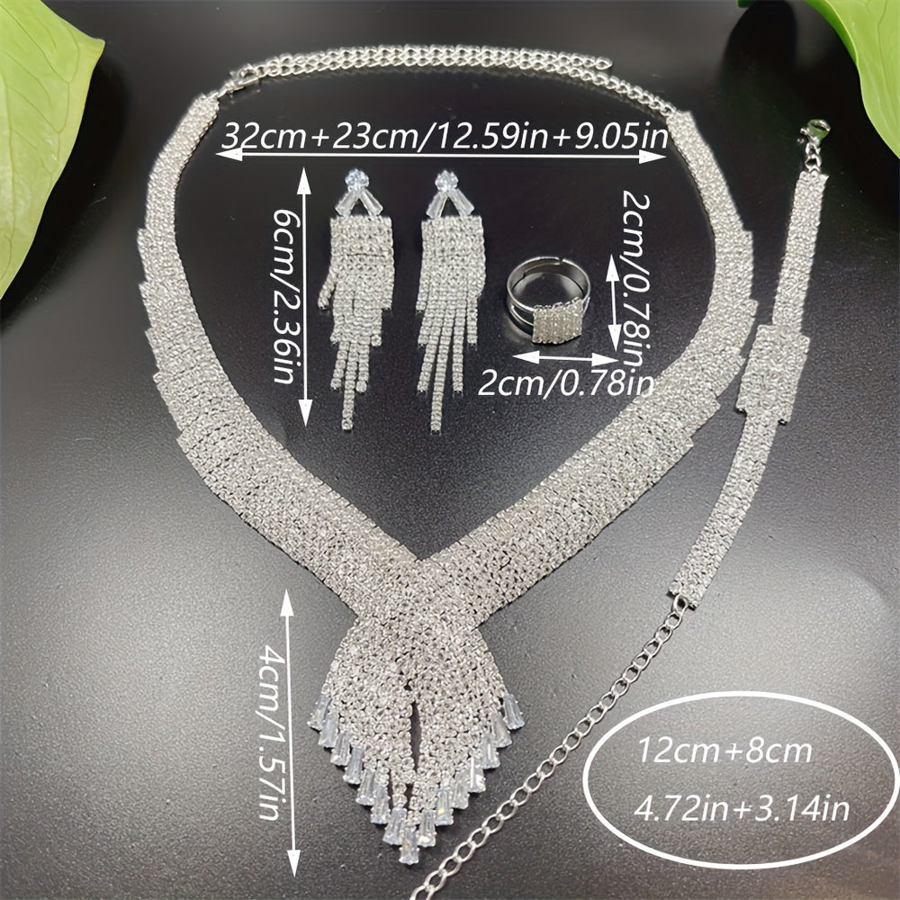 Luxurious And Romantic Jewelry Set Of 4 Fashionable Exquisite Shiny Necklaces, Earrings, Rings, And Bracelets For Middle Eastern-themed Weddings And Parties.