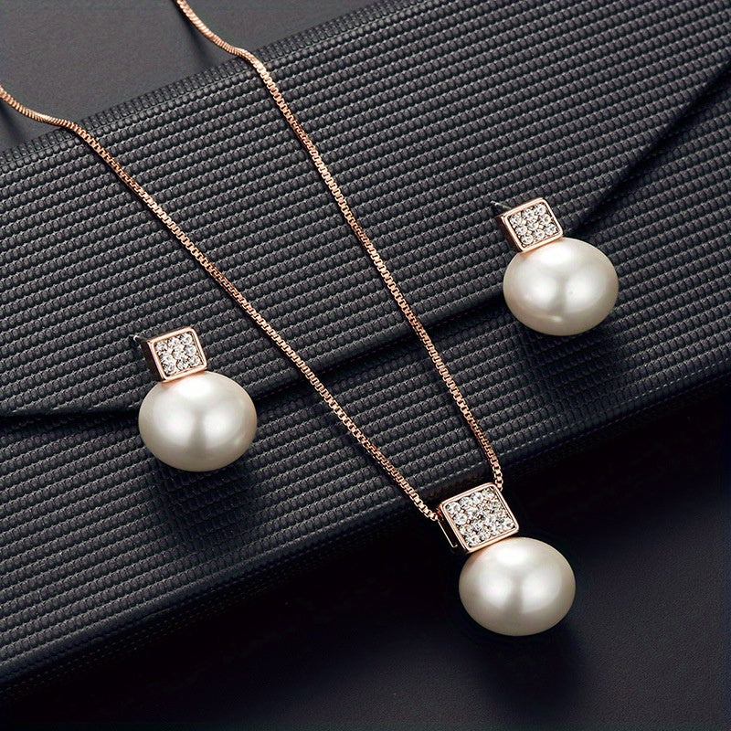 Fashionable Women'S Imitation Pearl Necklace And Earring Jewelry Set, Featuring a Simple Square Rhinestone Pendant And Stud Earrings, Perfect As a Two-Piece Accessory Gift for Birthdays, Parties, Celebrations, And Holidays, I