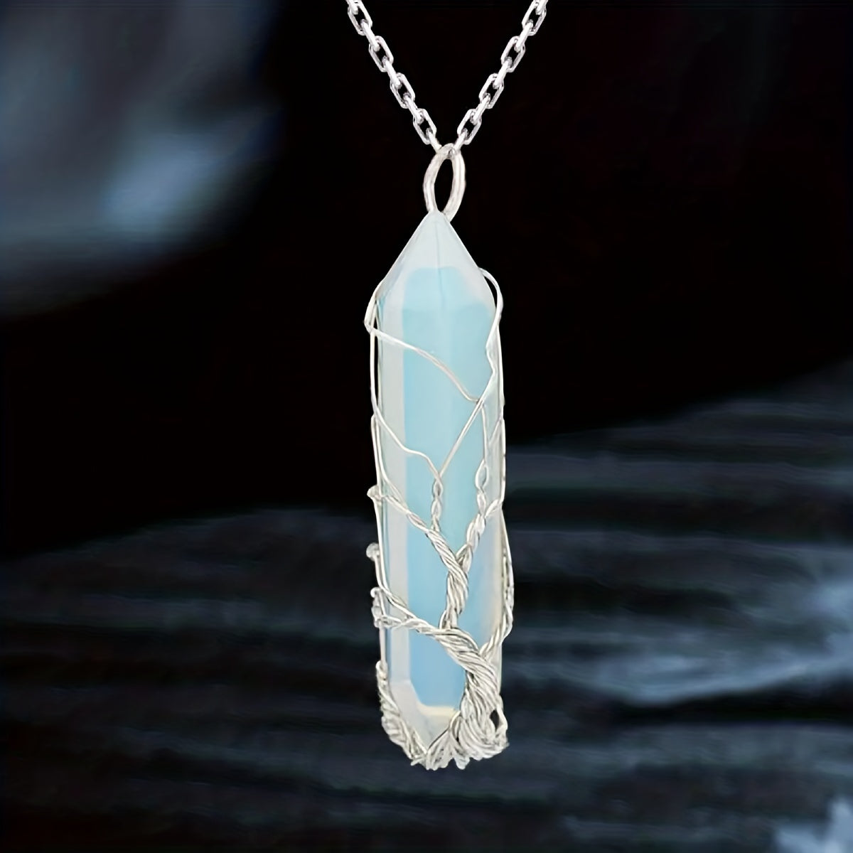 1pc Tree Of Life Wire Wrapped Crystal Point Pendant Necklace, Reiki Healing Crystal Stone Necklaces, Natural Hexagonal Gemstone Quartz Jewelry For Women