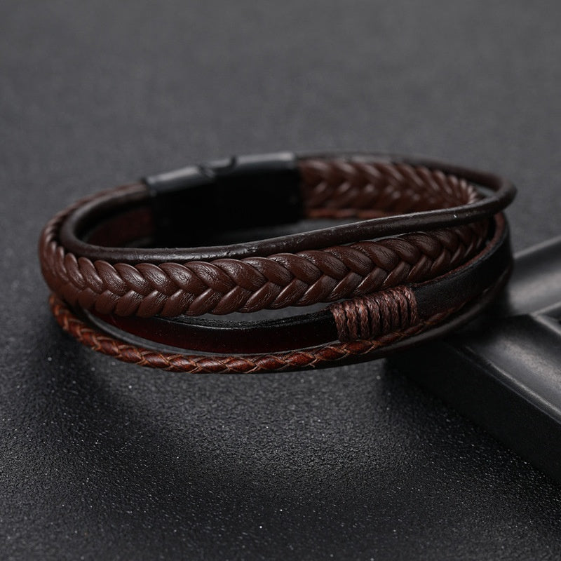[Stylish Leather Bracelet] Stylish Durable 1pc Men's Hand-Woven Multi-Layer Leather Bracelet | with Buckle Closure, Versatile Accessory for Casual or Formal Wear