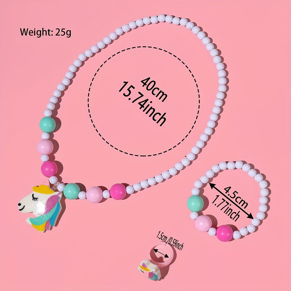 3pcs Whimsical Unicorn Pendant Charm Beaded Necklace and Bracelet Set - Colorful Cartoon Jewelry for Girls - Random Color Selection