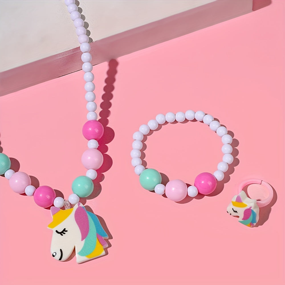 3pcs Whimsical Unicorn Pendant Charm Beaded Necklace and Bracelet Set - Colorful Cartoon Jewelry for Girls - Random Color Selection