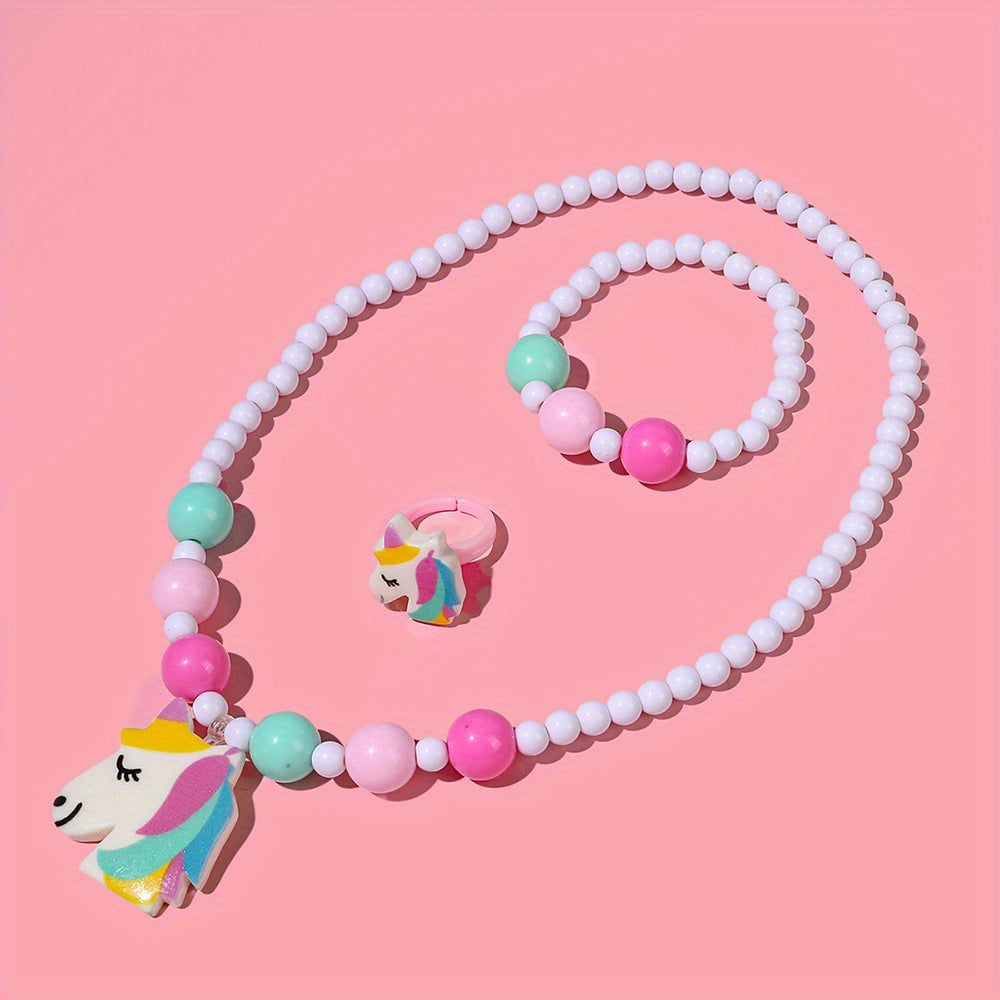 3pcs Whimsical Unicorn Pendant Charm Beaded Necklace and Bracelet Set - Colorful Cartoon Jewelry for Girls - Random Color Selection