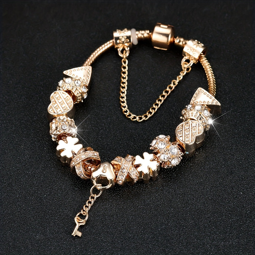 Gorgeous Golden Snowflower Bead Bracelet with Heart-Shaped Key Pendant - Perfect Valentine's Gift for Someone Special!
