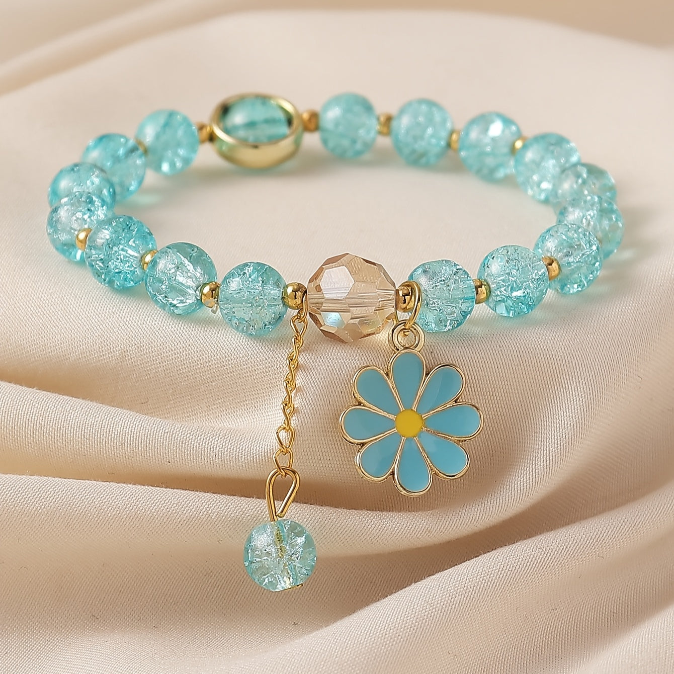 Summer Style Cracked Glass Beaded Daisy Pendant Bracelet Elastic Hand String For Women