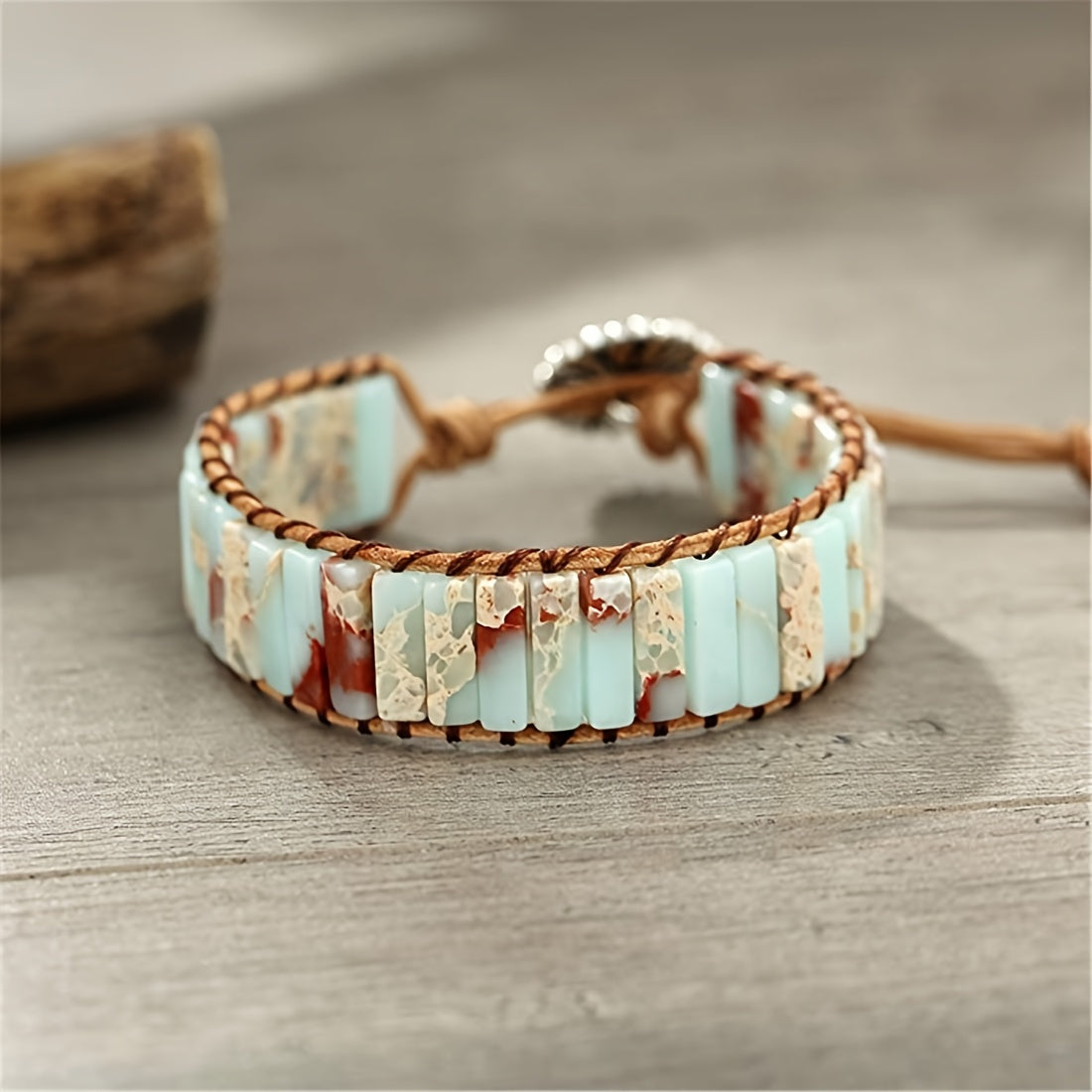 [Stone Beaded Bracelet] Multilayer Braided PU Leather Square Shape Stone Beaded Bracelet For Women