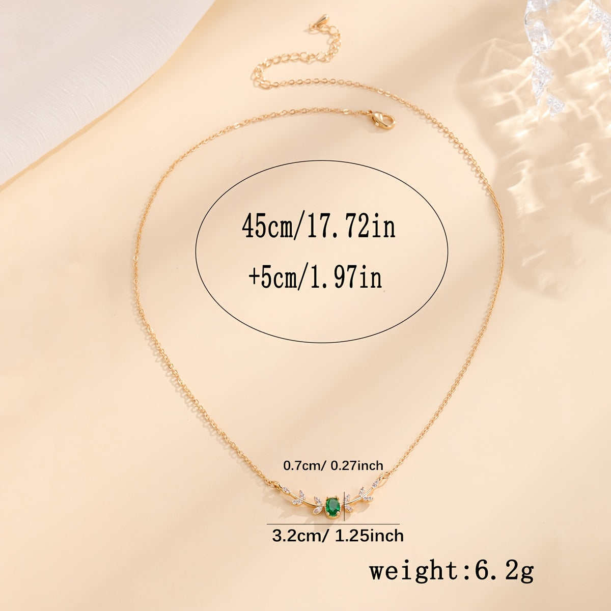 [Copper Leaf Necklace] Golden-Tone Copper Leaf & Branch Necklace with Cubic Zirconia | Elegant Design, Green Gemstone, Ideal Birthday Gift, Daily Wear Jewelry for Women