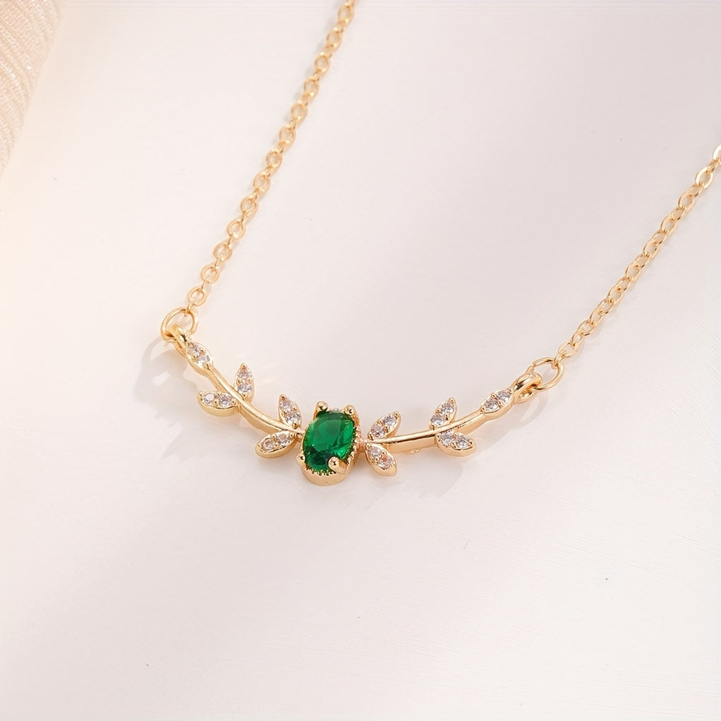 [Copper Leaf Necklace] Golden-Tone Copper Leaf & Branch Necklace with Cubic Zirconia | Elegant Design, Green Gemstone, Ideal Birthday Gift, Daily Wear Jewelry for Women