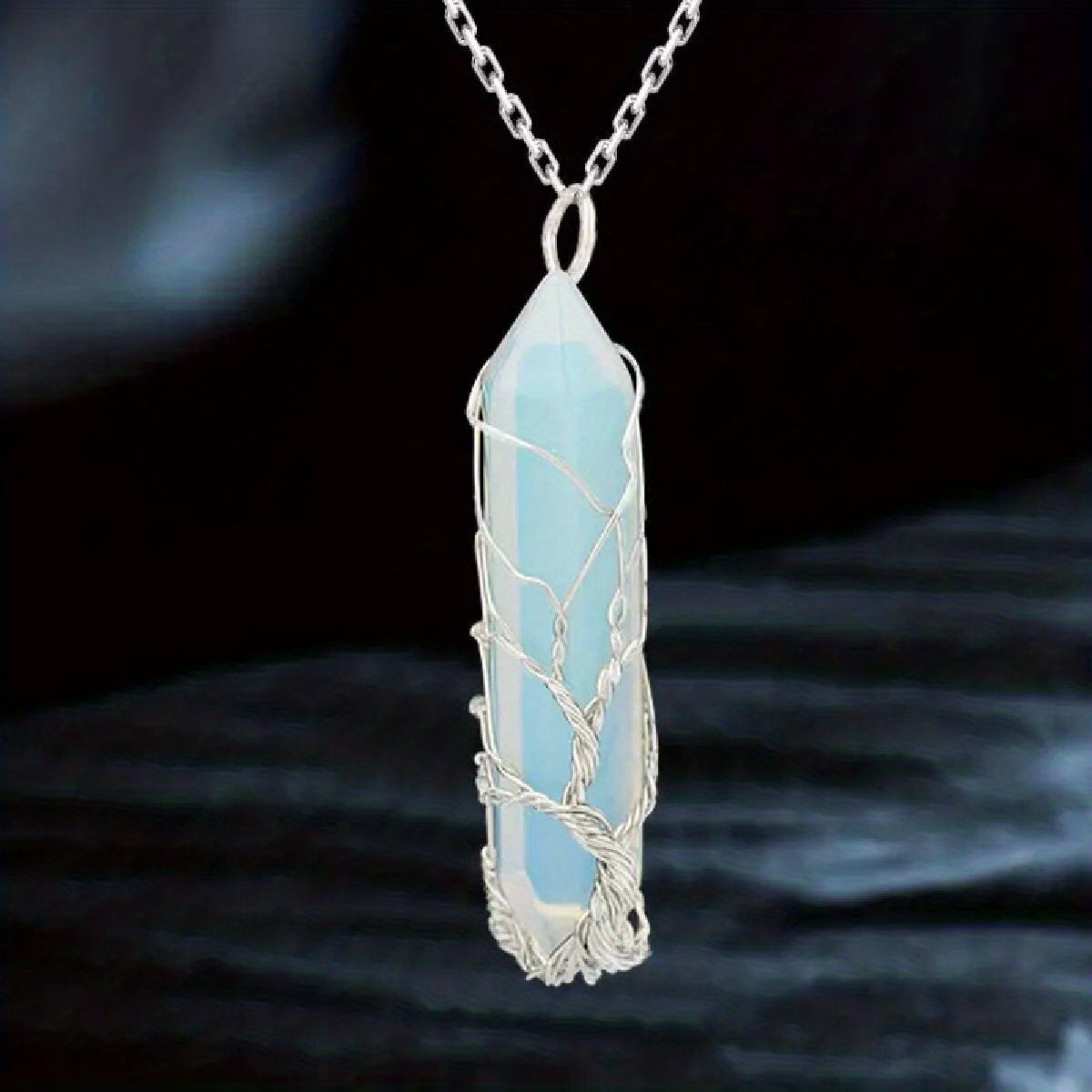1pc Tree Of Life Wire Wrapped Crystal Point Pendant Necklace, Reiki Healing Crystal Stone Necklaces, Natural Hexagonal Gemstone Quartz Jewelry For Women