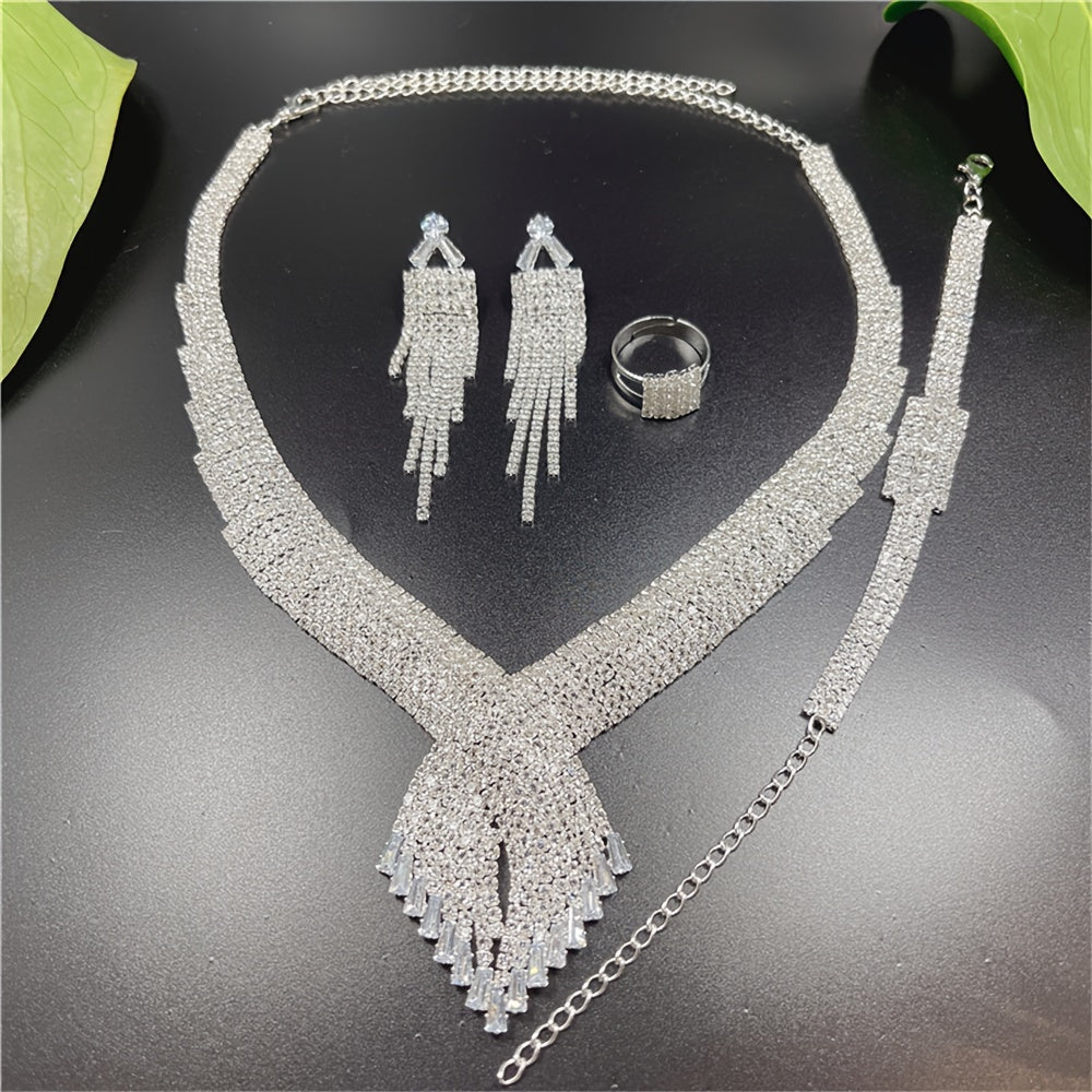 Luxurious And Romantic Jewelry Set Of 4 Fashionable Exquisite Shiny Necklaces, Earrings, Rings, And Bracelets For Middle Eastern-themed Weddings And Parties.