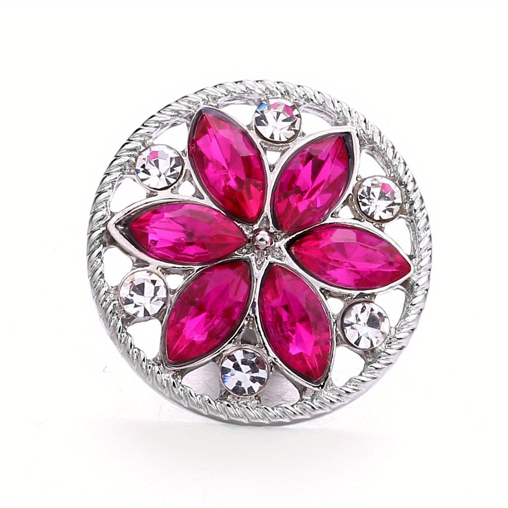 1pc 18mm Alloy Flower Decor Round Snap Button Jewelry Studded With Colorful Rhinestones For DIY Bracelet Necklace And Any Other Accessories, Semi-finished Jewelry Accessories