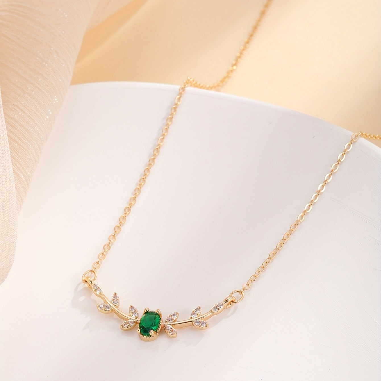 [Copper Leaf Necklace] Golden-Tone Copper Leaf & Branch Necklace with Cubic Zirconia | Elegant Design, Green Gemstone, Ideal Birthday Gift, Daily Wear Jewelry for Women