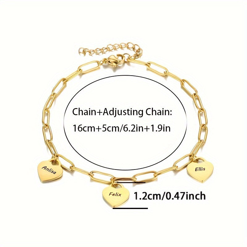 Customized Stainless Steel Square Chain Bracelet With Personalized Name Engraving, Featuring 1-5 Names And A Heart-shaped Golden Pendant, A Stylish Gift For Women's Jewelry.