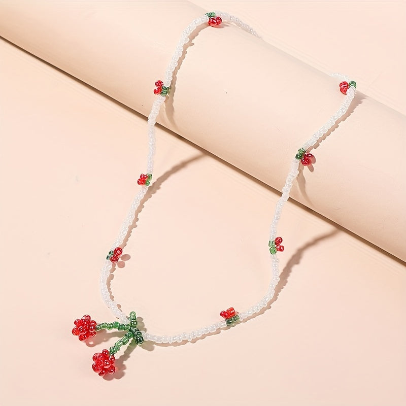 Y2K Bohemian Cherry Bead Necklace with Red & Green Charms - White Bead Chain Summer Jewelry for Women, Casual & Party Accessories, Everyday Accessory, Colorful Accents
