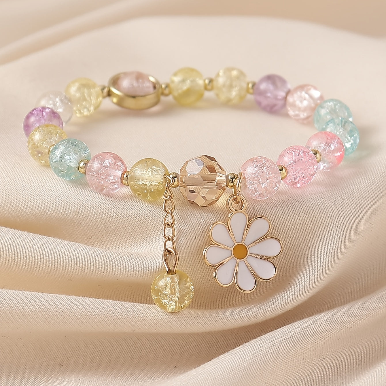Summer Style Cracked Glass Beaded Daisy Pendant Bracelet Elastic Hand String For Women