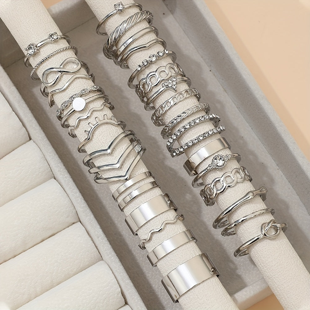 30pcs Hip Hop Style Stacking Rings Trendy Knot/ Chain/ Infinity Design Mix And Match For Daily Outfits Party Accessories Suitable For Men And Women