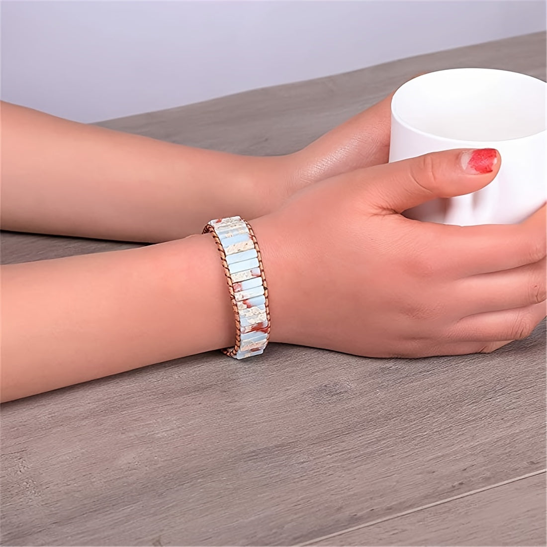 [Stone Beaded Bracelet] Multilayer Braided PU Leather Square Shape Stone Beaded Bracelet For Women
