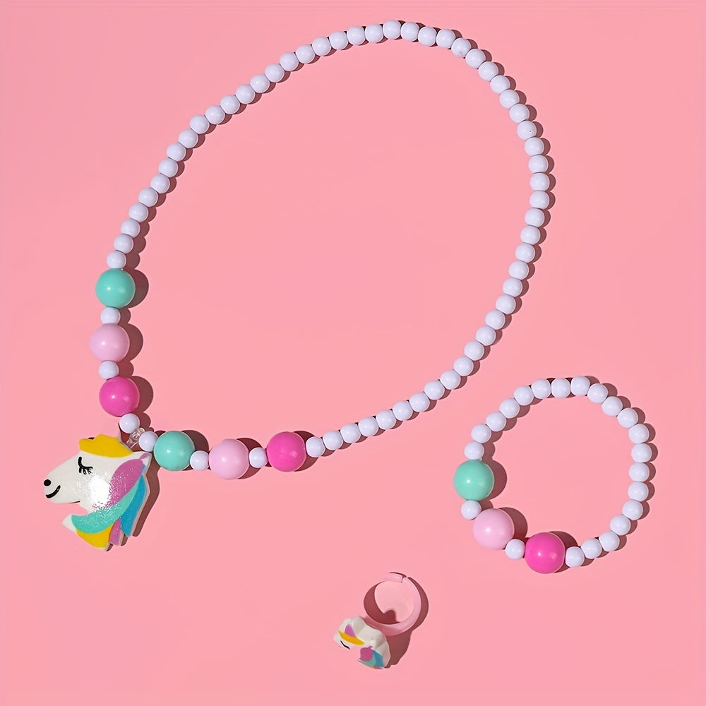 3pcs Whimsical Unicorn Pendant Charm Beaded Necklace and Bracelet Set - Colorful Cartoon Jewelry for Girls - Random Color Selection