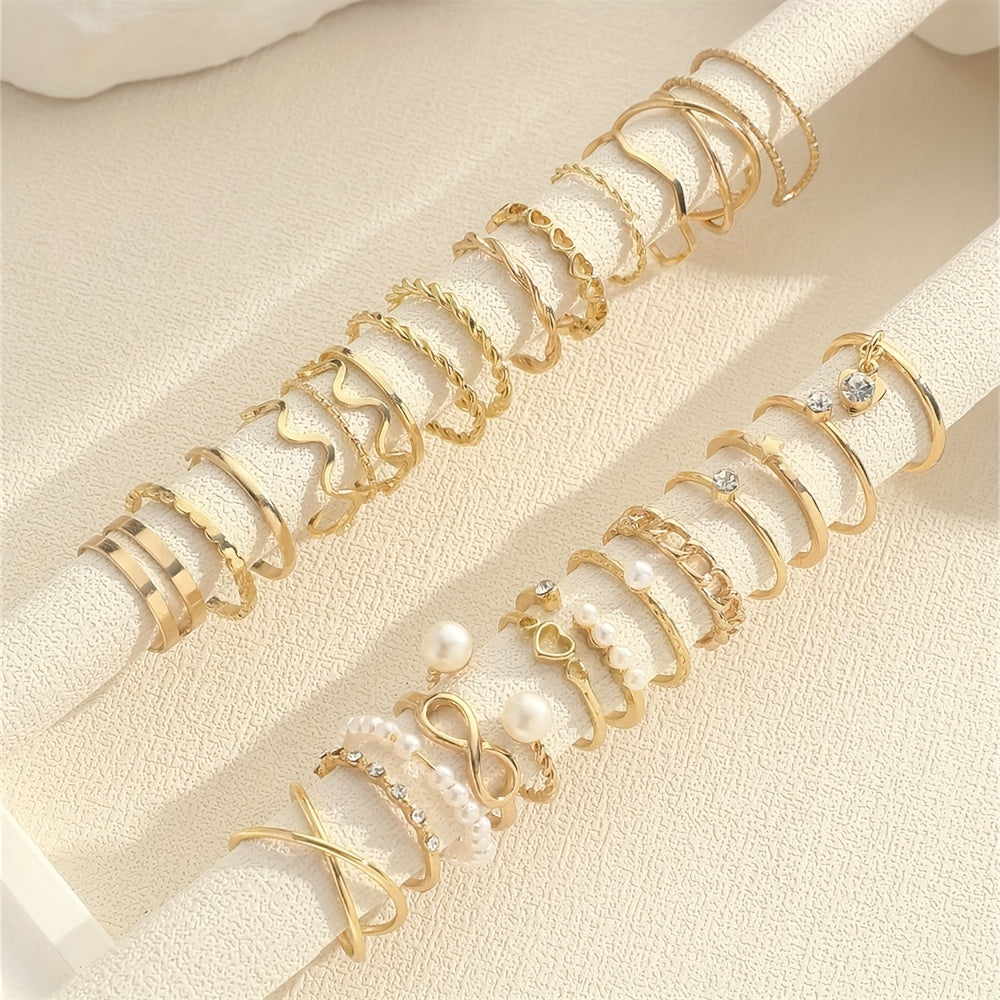 28pcs Coquette Stacking Rings Set - Inlaid Rhinestone, Trendy Infinity Chain, Heart Design, Mix and Match, Daily Wear, Party Accessories, Fashion Jewelry for Women