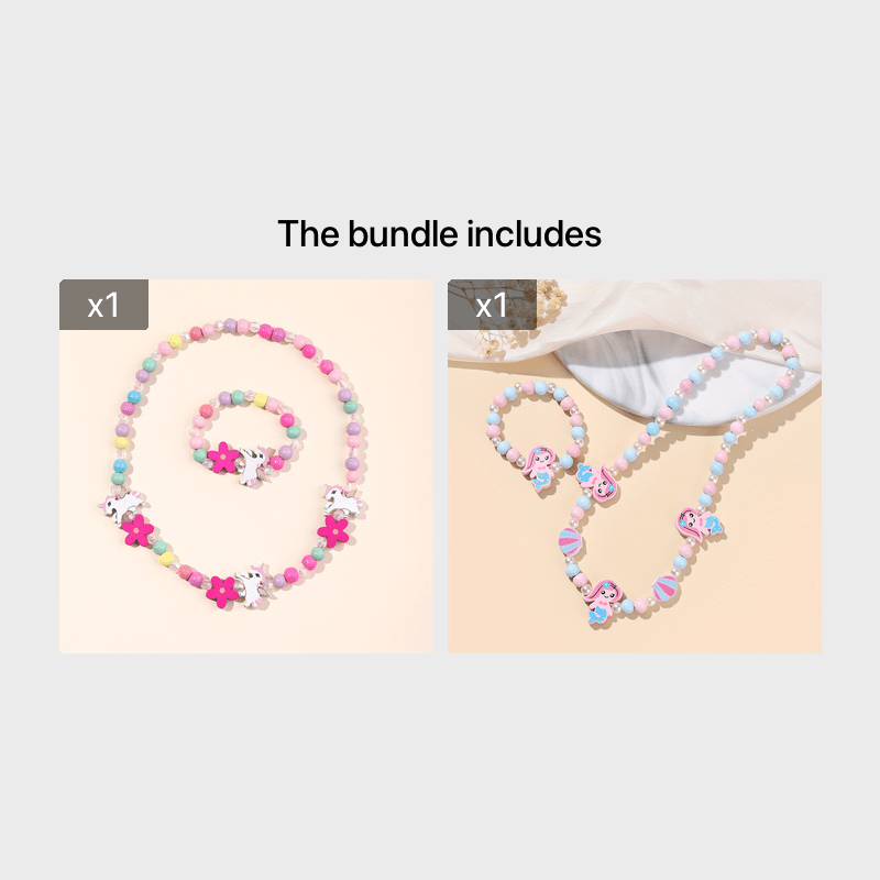 2pcs Creative Cute Cartoon Unicorn Mermaid Colorful Beaded Bracelet Necklace Set Decorative Accessories Holiday Birthday Gift For Girls