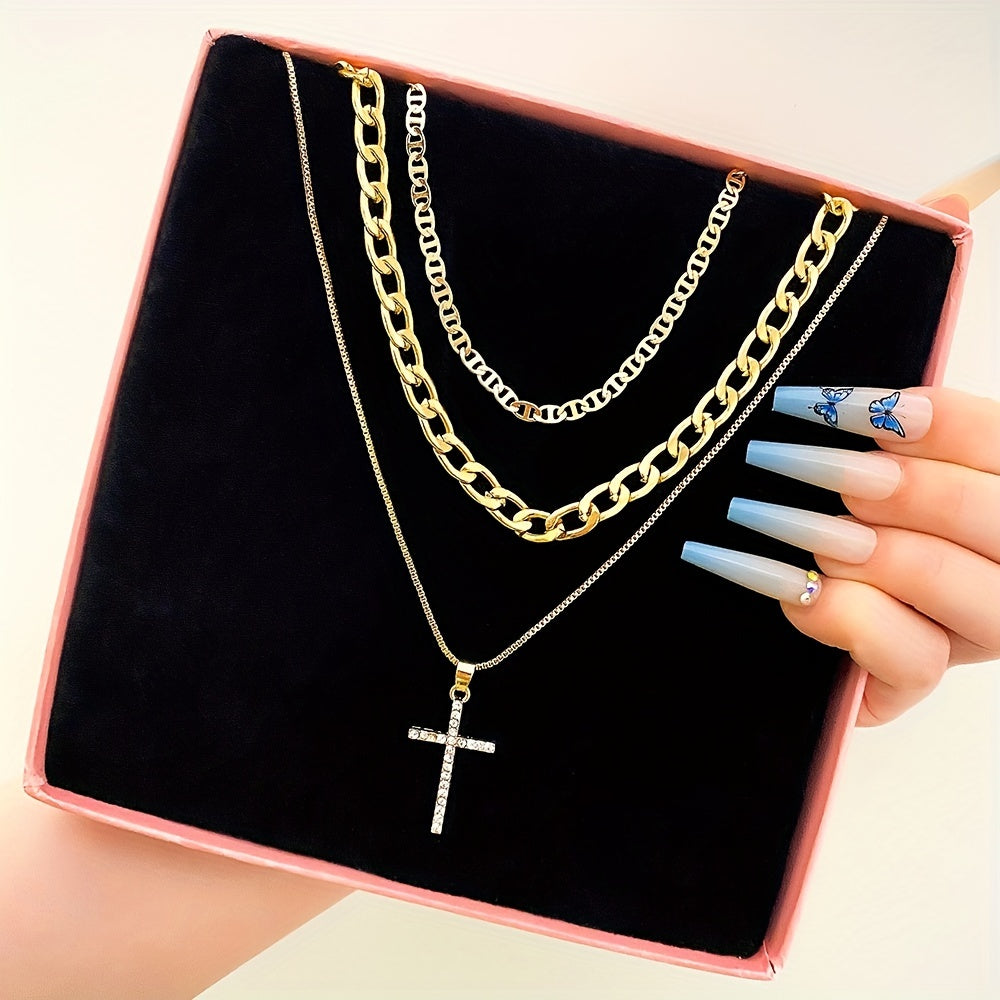 3-Piece Set of Women's Retro Luxury Artificial Crystal Cross Necklaces - Stackable, Trendy, and Elegant Accessories for Any Occasion - Perfect Gift Idea