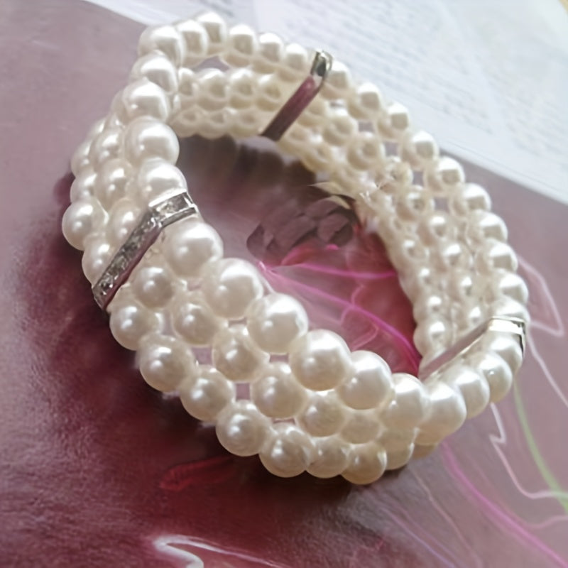 Three Layers Faux Pearls Beaded Bracelet Multi-layer Elastic Bangle Bracelet