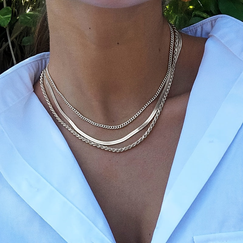 3pcs/set Chain Necklaces For Women, Vintage & Classic Style, Fashion Snake & Rope Chain Jewelry, Layered Statement Accessories