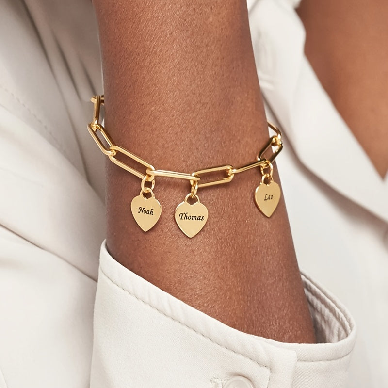 Customized Stainless Steel Square Chain Bracelet With Personalized Name Engraving, Featuring 1-5 Names And A Heart-shaped Golden Pendant, A Stylish Gift For Women's Jewelry.