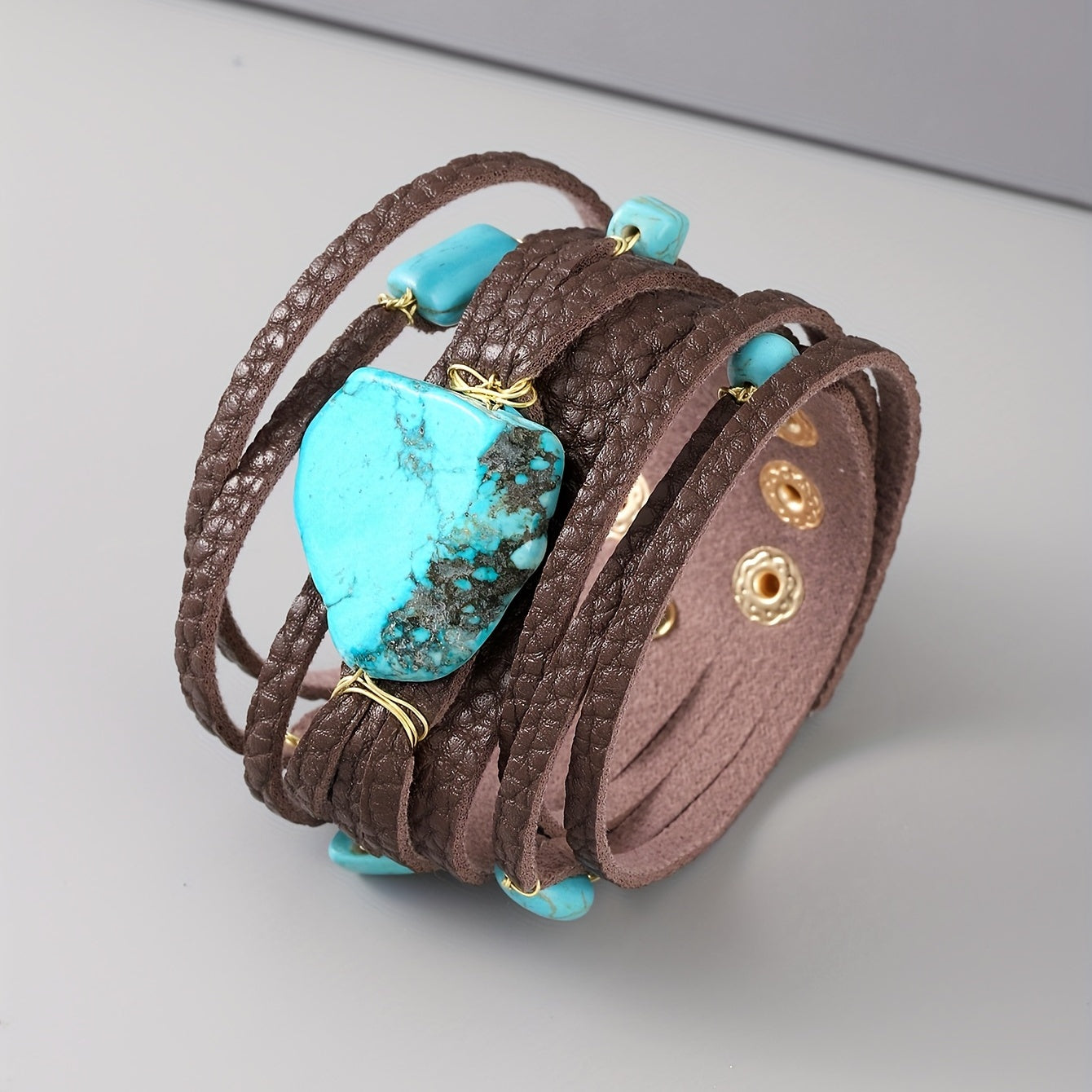 1pc Men's Trendy PU Leather Irregular Turquoise Multi-layer Boho Bracelet, Jewelry Gift For Men, Gift For Boyfriends/ Girlfriends