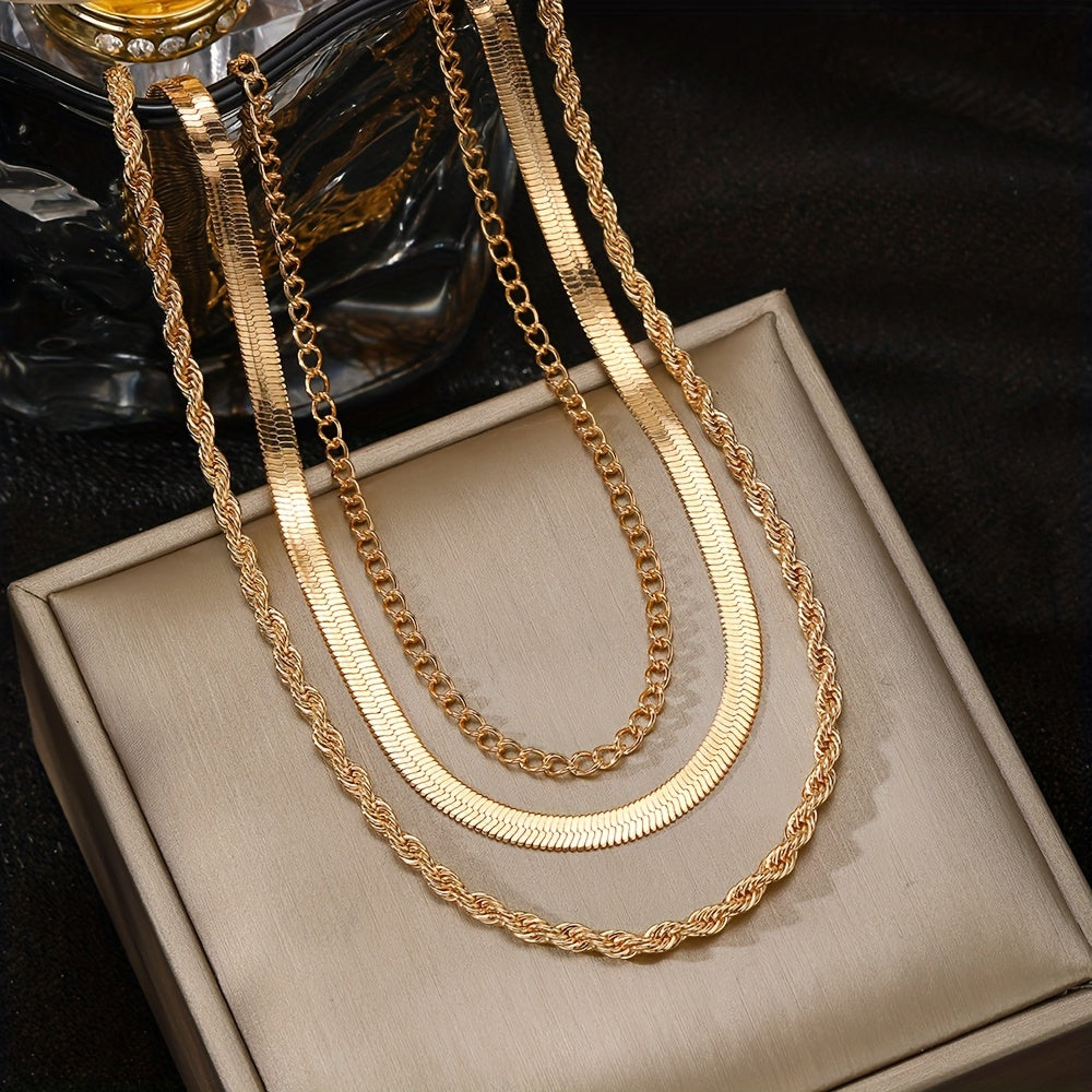 3pcs/set Chain Necklaces For Women, Vintage & Classic Style, Fashion Snake & Rope Chain Jewelry, Layered Statement Accessories