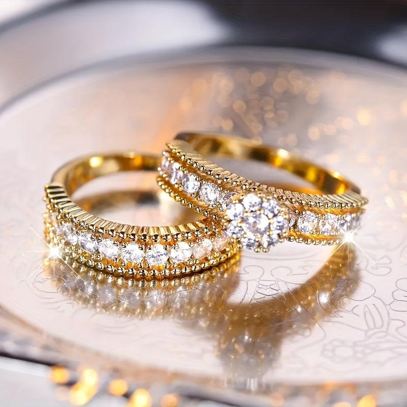 2pcs Chic Stacking Rings - Paved Shining Zirconia, Symbol of Beauty and Elegance, Daily Outfit Accessories, Party Gift for Her, Stylish, Fashionable, and Timeless Jewelry