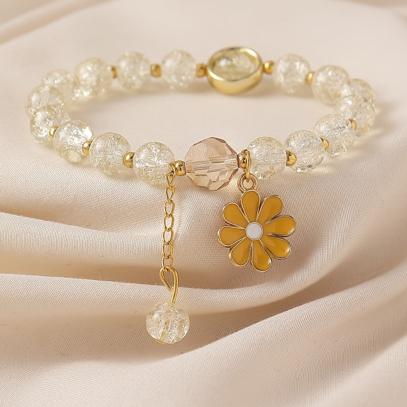 Summer Style Cracked Glass Beaded Daisy Pendant Bracelet Elastic Hand String For Women
