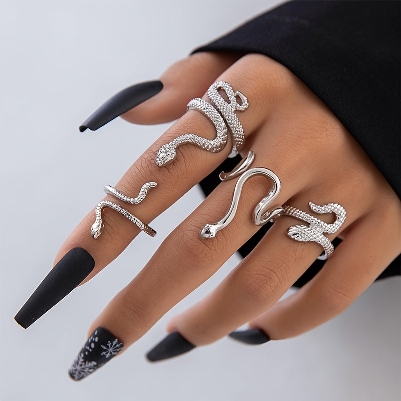 4pcs Vintage Stacking Rings Retro Snake Design Suitable For Men And Women Match Daily Outfits Party Accessories Perfect Decor For Cool Friends