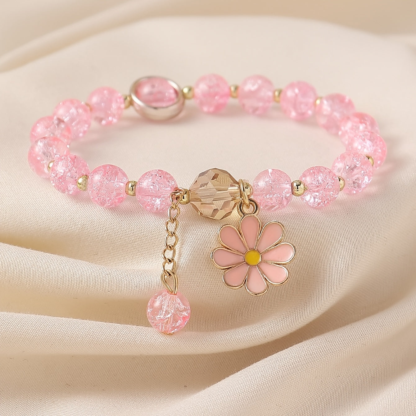 Summer Style Cracked Glass Beaded Daisy Pendant Bracelet Elastic Hand String For Women