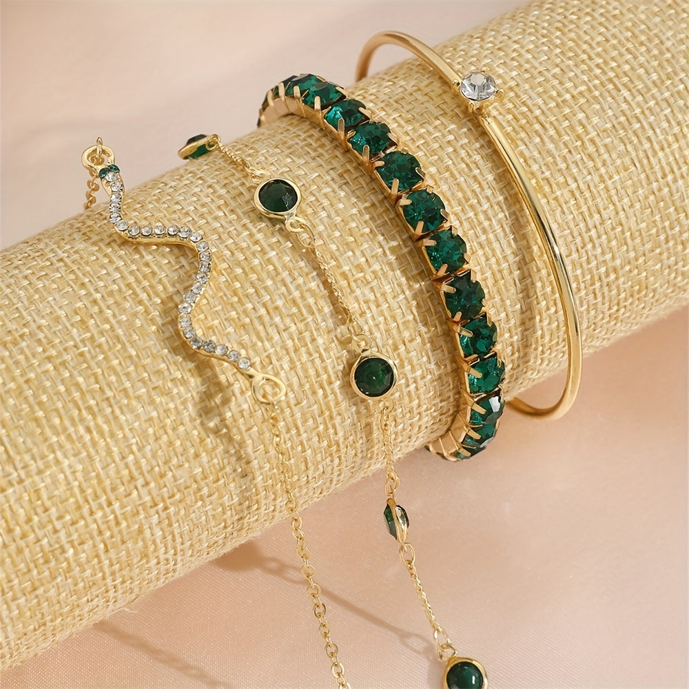 4pcs/set Elegant Green Rhinestone Snake Bracelet - Elastic Claw Chain Cuff Bangle